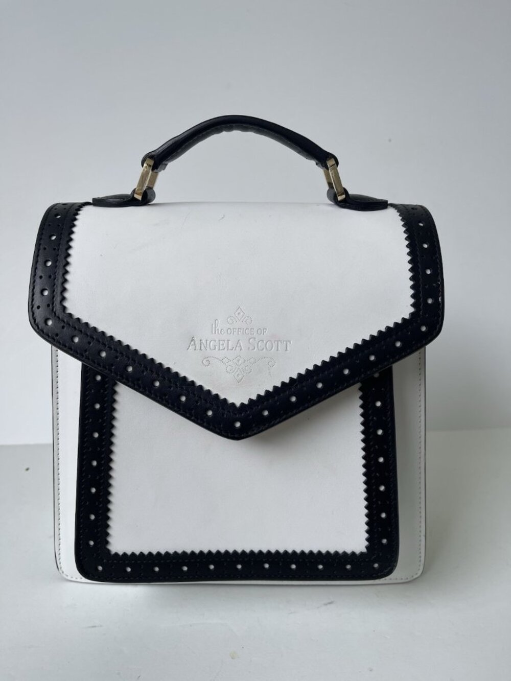 The Office of Angela Scott The Babe Black White Leather Top Handle Bag Italy - Picture 5 of 11